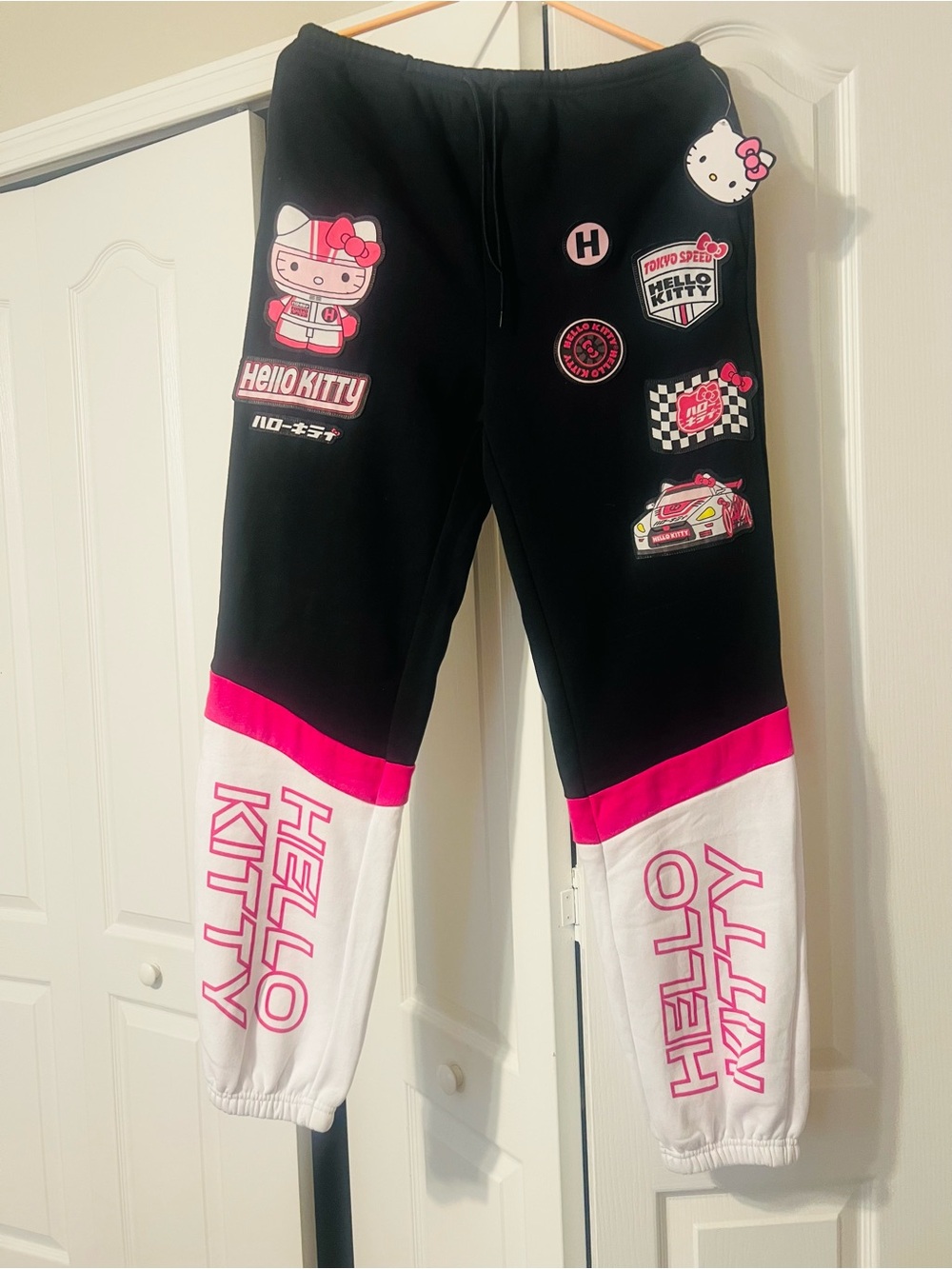 Hello Kitty Black, White & Pink Racing Patch Joggers